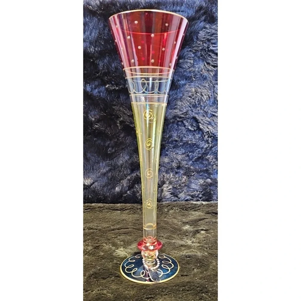 Vintage Pier 1 5-Glass Champagne Flutes Hand Painted & Blown 3-rings 8Pc. 11.5